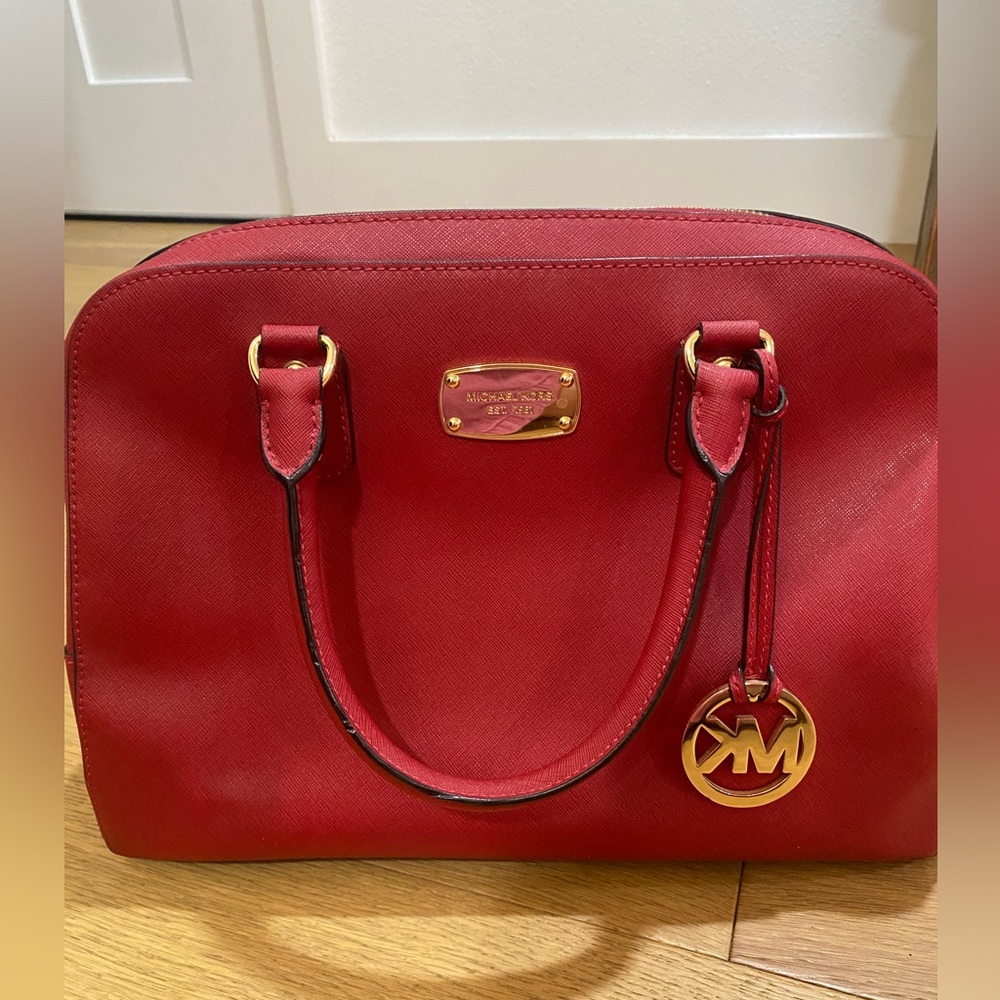 Michael Kors Red Saffiano Dome Satchel Handbag GUC 13x6x10.
